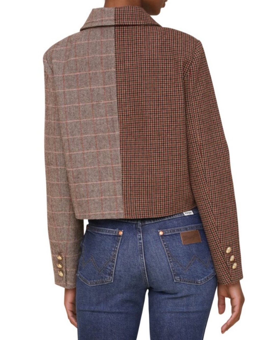 Avec Les Filles Mixed Plaid Houndstooth Cropped Equestrian Jacket Small NWT Gold - Picture 3 of 10